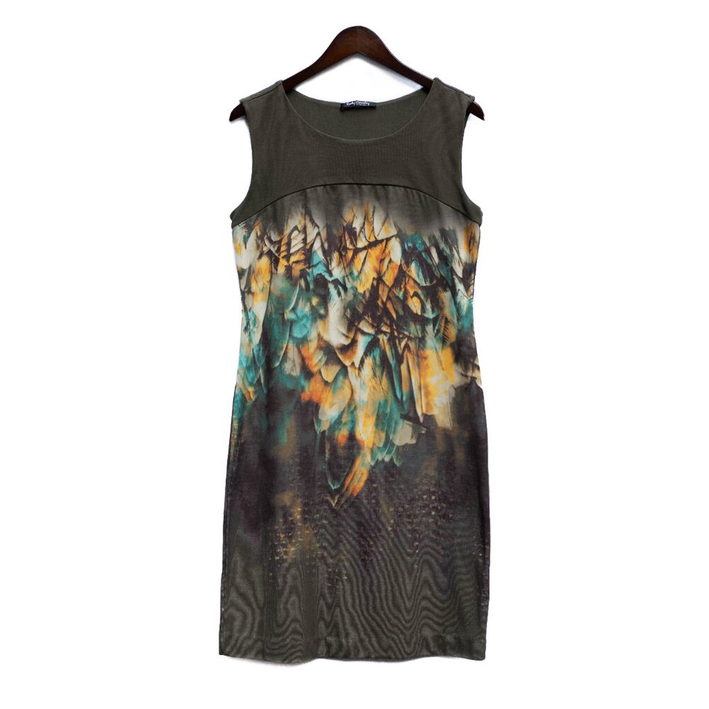 Vtg Betty Barclay Knit Midi Dress M Abstract Feather Print‎ Sleeveless Pullover